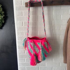 Chila Bags, Pink/Teal Crossbody Tassels Purse